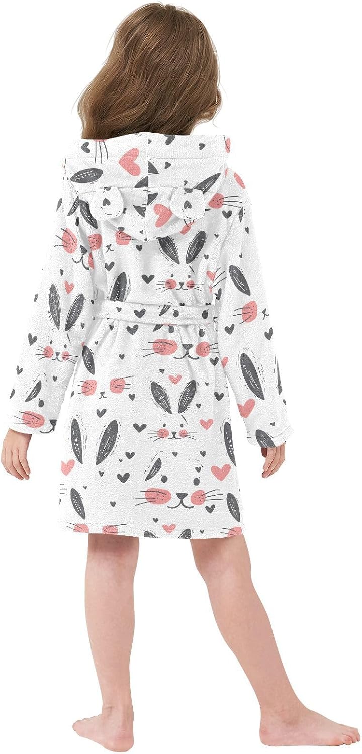 senya Rabbit Hand Drawn Toddler Hooded Bathrobe Kids Soft Plush Bath Towel Robes for Boys Girls 2-12 Years