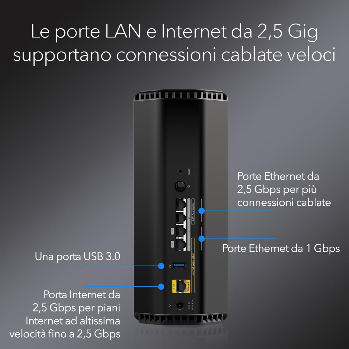 NETGEAR Nighthawk Router WiFi 7 (RS300) Tri-Band, Velocità wireless BE9300 - (fino a 9.3Gbps) - Copertura fino a 175 m2, 100 dispositivi - Porta Internet da 2.5 Gig