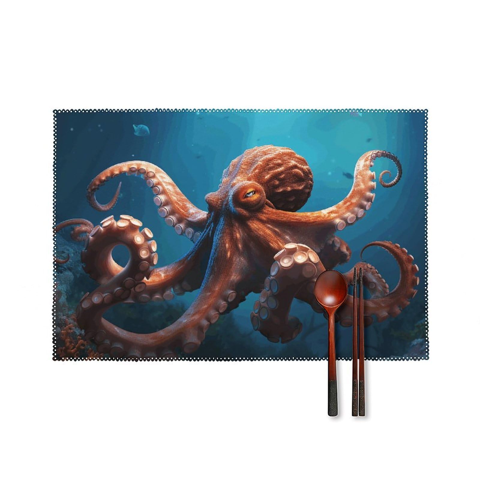 Ocean Animal Octopus Placemats Set of 6, 12x18 Inch Heat Resistant Washable Canvas Table Mats, Stain Resistant Decorative Dining Placemats for Kitchen, Restaurant, Outdoor Party