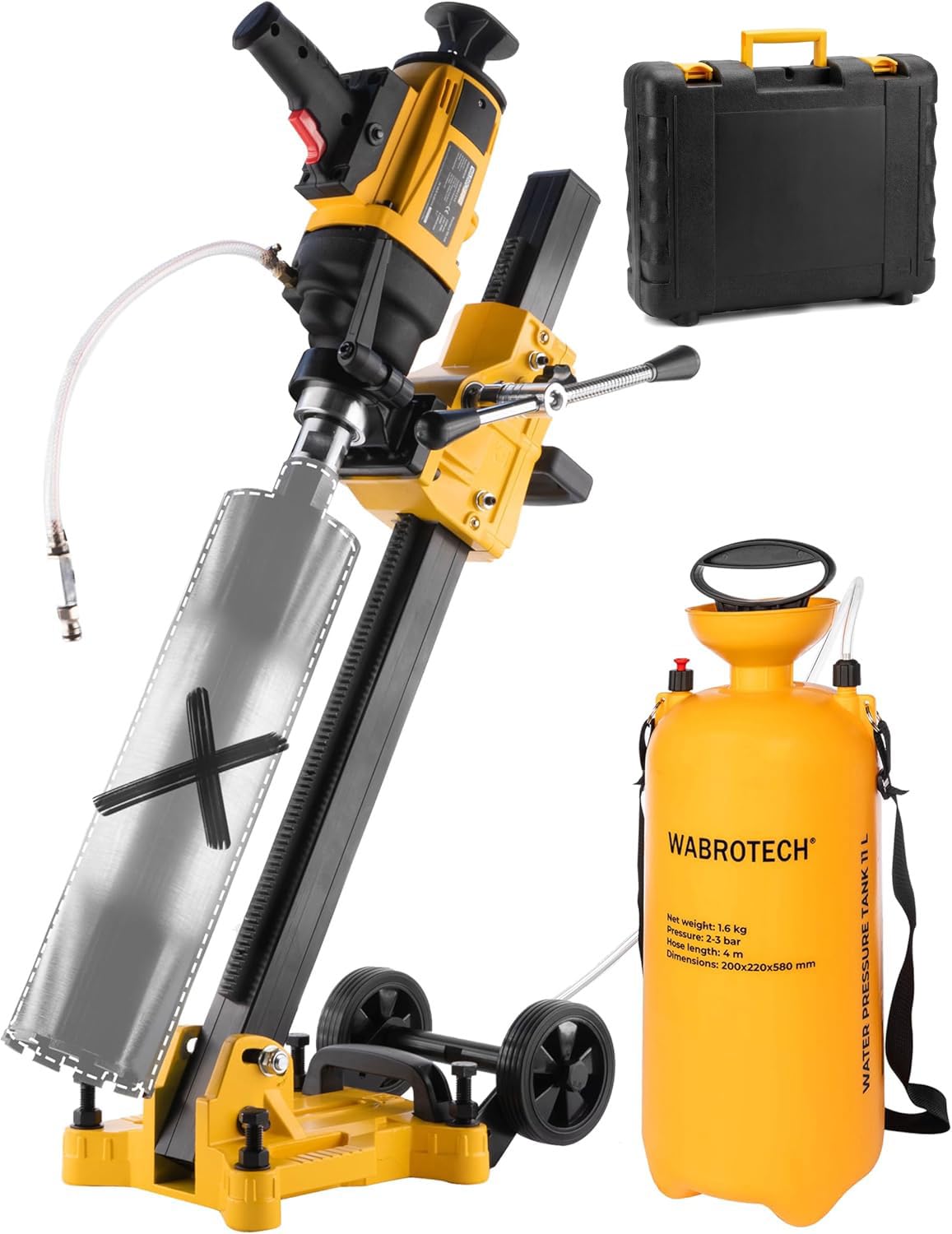 Carotteuse à Main ⌀ 22–202 mm sur Support Incliné et Doseur d'eau 11 L - Carotteuse Beton 1400 TR/min avec PRCD – Appareil de Forage 2300 W pour Forage à Sec et à Eau - Caroteuse Diamantée