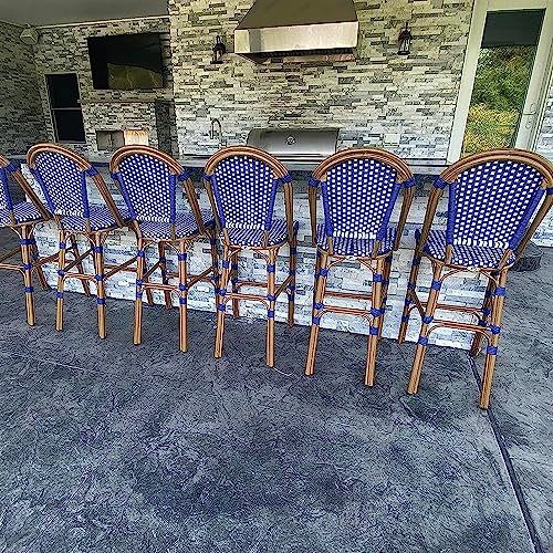 Image of PURPLE LEAF French Bar Stool Set of 2 Bamboo Print Finish Patio Bar Stools with Back Rattan Chairs Wicker Bar Height Stool 30 inch with Footrest Kitchen Island Stools Outdoor Barstool Royal Blue