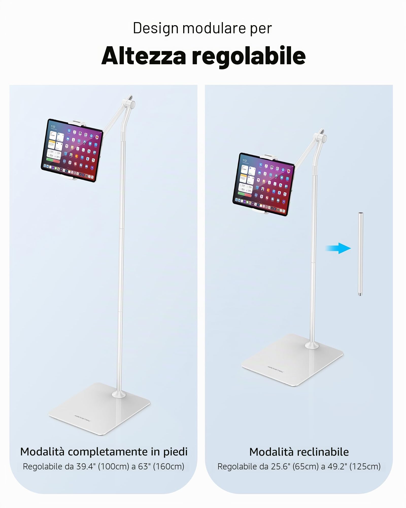 AboveTEK Supporto da Pavimento per Tablet, Elegante Supporto iPad Regolabile, Porta Tablet e Telefono in Alluminio con Rotazione a 360° per Divano e Letto per iPad Pro Air Mini da 4,7"-13,5" (Bianco)