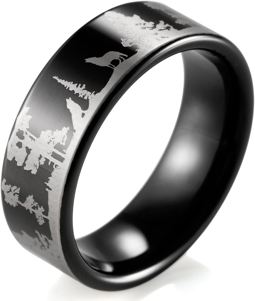 Men's 8mm Black Tungsten Ring with Engraved Wolves in Forest