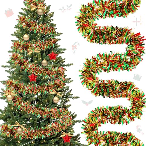 118 Feet Christmas Tinsel Garland Glitter Tinsel Twist Metallic Tree Shiny Hanging Ceiling Garland Decorations for Indoor Outdoor Holiday Party(Red Green Gold)