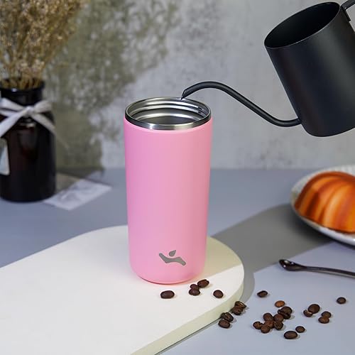 Miniatura 7 de Vaso con tapa, taza de café de viaje de 16 onzas, botella de agua aislada al vacío de doble pared de acero inoxidable con aislamiento térmico, rosa