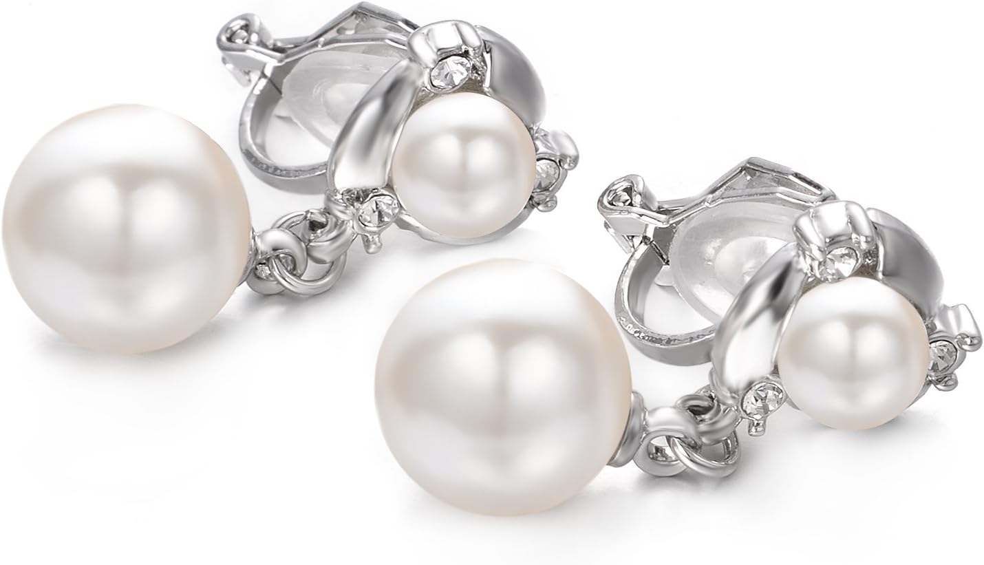 Yoursfs Pearl Clip on Earrings Cubic Zirconia Faux Pearl Dangle Earrings for Women 18K Gold Plated Non Pierced Earrings - Image 4
