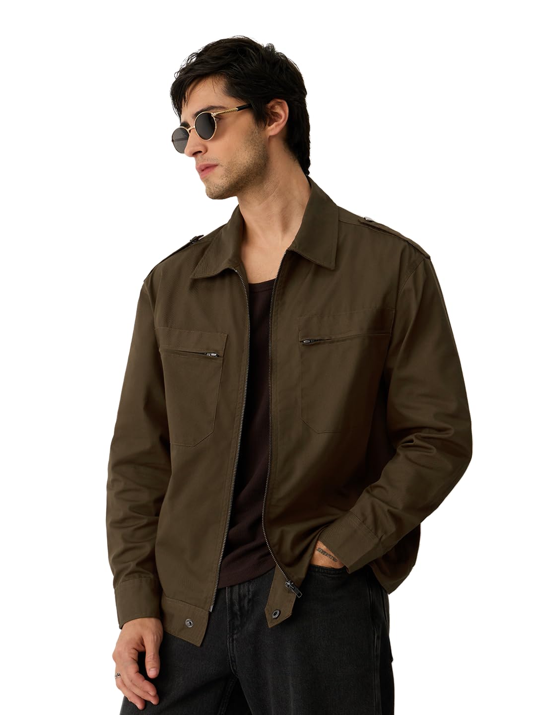 the souled store Utility Shackets: Men and Boys Full Sleeves Spread Collar Dark Brown Solid Polyester Cotton Blend Oversized Fit Zippered Utility Pockets Shacket-picture-24