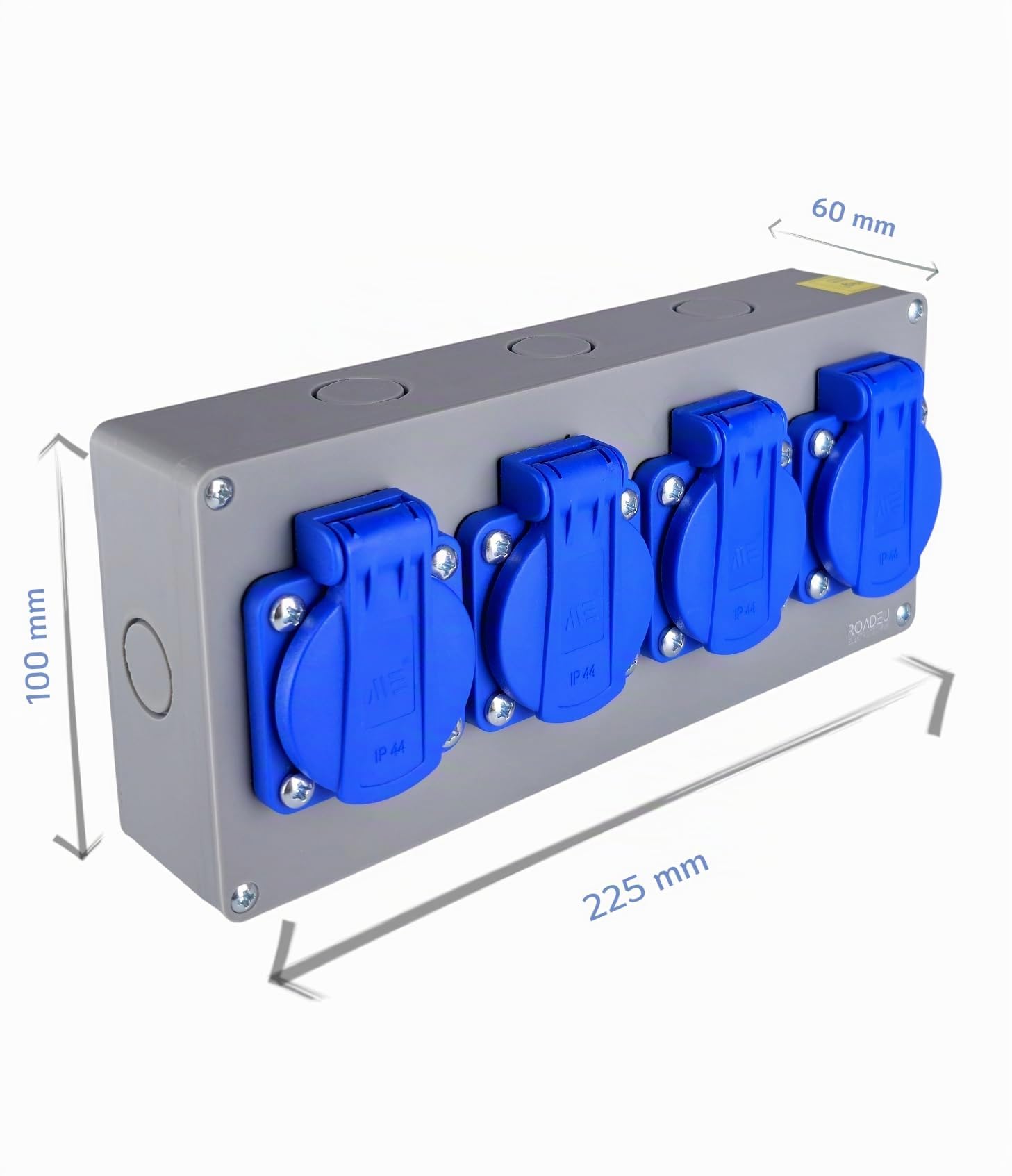 RoadEu Bloc Multiprise IP44 Saillie | 4 Prises Françaises 2P+T 230V/16A | Boîtier de Distribution Pré-câblé avec Presse-étoupe PG13,5 | Répartiteur de Chantier pour Garage, Atelier & Extérieur Couvert