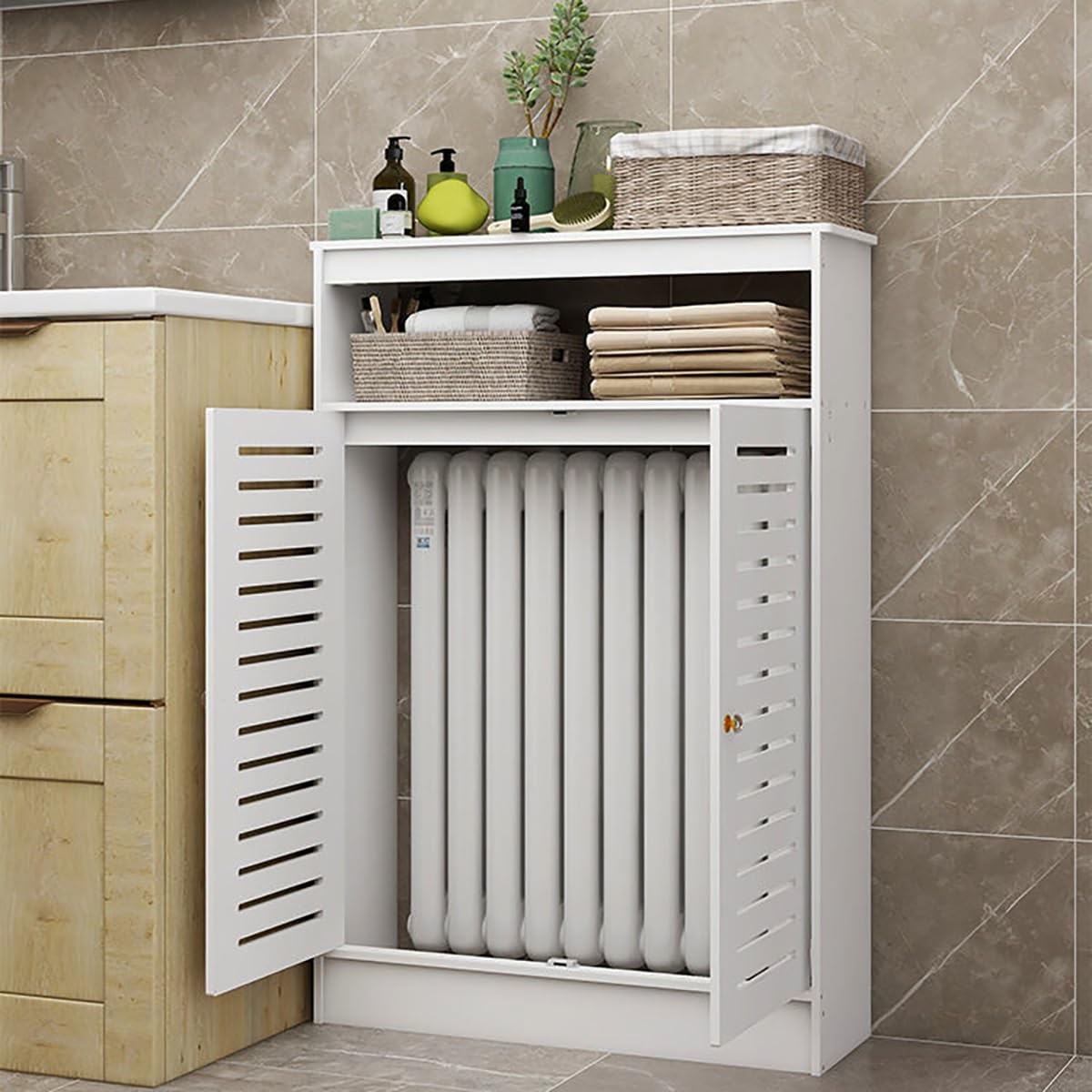 Heizungsverkleidung, Heizkörperverkleidung Rippenheizkörper, Heizung Heizkörper Abdeckung Schutz, Mit Offenen Regalen Heizkörperabdeckung, Mit 2 Türen MDF Heizkörperabdeckung Heizkörper Abdeckung(60x9
