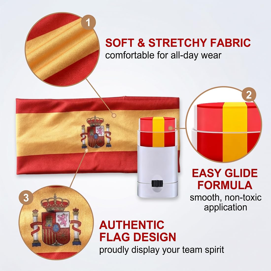 Lot de 2 Bandeau Élastique Et Stick Maquillage Drapeau Espagnol Rouge Jaune Accessoire Supporteur Carnaval Fête Nationale Déguisement
