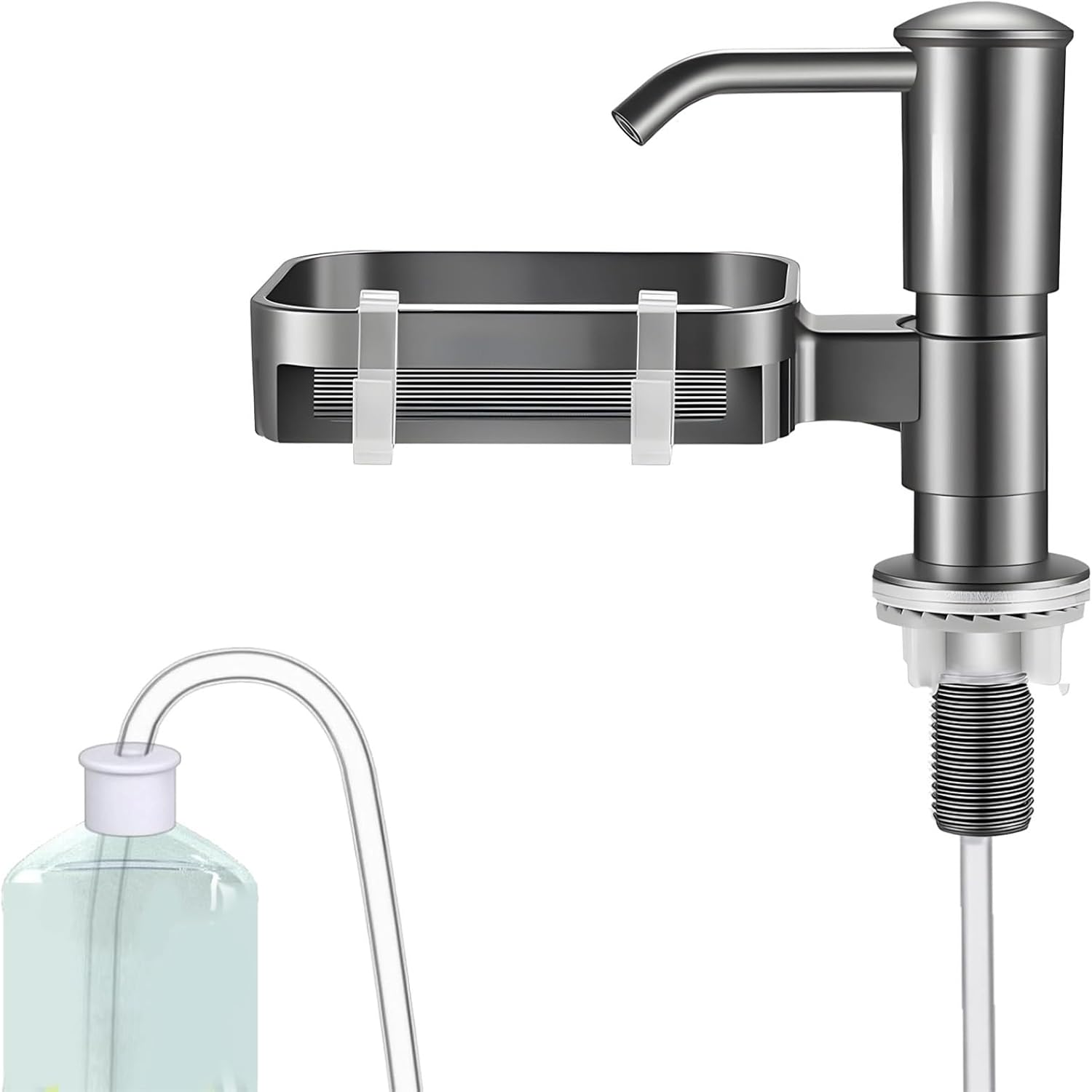 Sink Soap Dispenser with Sponge Holder, Built-in Black, 360° Rotation, Extension Tube Kit, 4.7 X 3.9 X 5.5 in