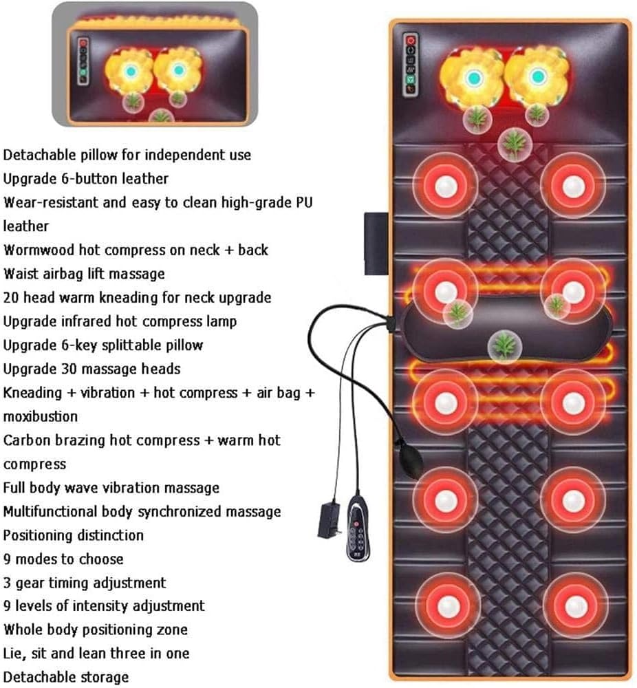 Masajeador de Cuello y Espalda for Todo el Cuerpo, tapete masajeador con Calor, cojín de Masaje con vibración y amasamiento, colchón de Masaje con 10 Motores de vibración.