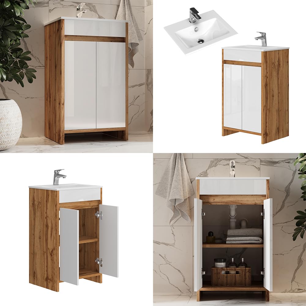 Vicco Set mobili bagno Lemgo, Rovere dorato, 49 cm, composto da mobile sottolavabo e lavabo