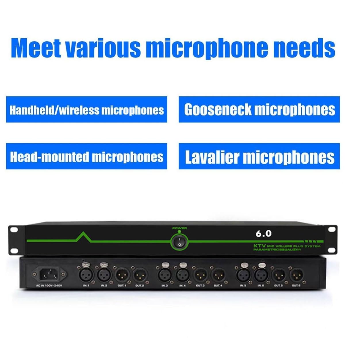 Suppresseur de Larsen professionnel, microphone 6 entrées/6 sorties, anti-hurlement, décalage de fréquence, 12 segments de rétention haute fidélité, effecteur de scène for microphone KTV(6in6out)