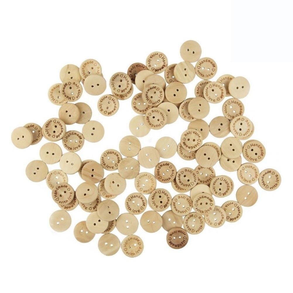 Namvo Beige 200Pcs 2 Holes Handmade With Love Natural Wood Sewing Button 20Mm