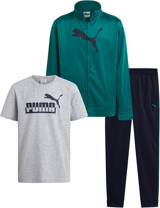 PUMA Conjunto deportivo de tricot activo de 3 piezas con remera para niños (tallas 8-16) | Ropa deportiva suave y transpirable, sensación cómoda y flexible, ideal para la escuela, deportes y juegos, fácil lavado a máquina.