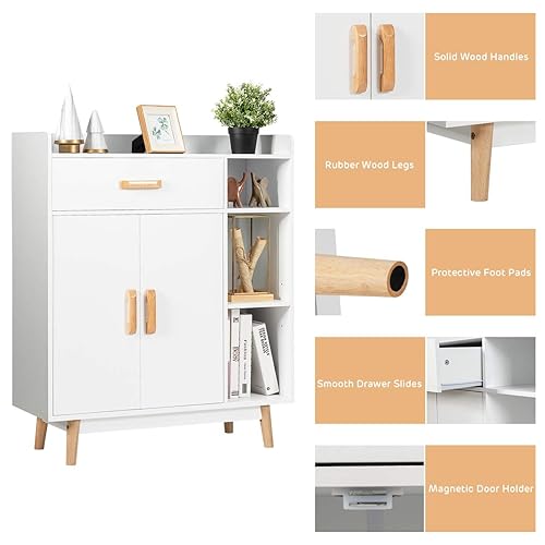 Miniatura 6 de Giantex Gabinete de Almacenamiento de Piso, Armario Independiente con 1 Cajón, 2 Puertas, 3 Estantes, 4 Patas de Madera de Caucho, Aparador, Unidad