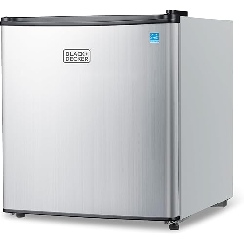 BLACK+DECKER 1.7 Cu. Ft. Compact Refrigerator, ENERGY STAR Certified, Single Door Mini Fridge with Chiller Compartment, Personal Fridge for Home or Dorm Room, R600a Refrigerant, BCRK17V,Stainless Look