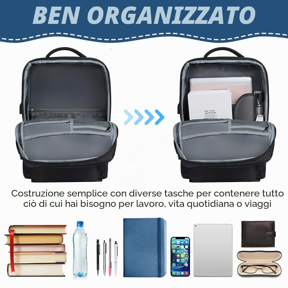 flintronic Zaino per Ryanair, Zaino da Viaggio, Aereo Bagaglio a Mano Antifurto, Borsa da Cabina, Zaino Aereo Unisex con Porta USB