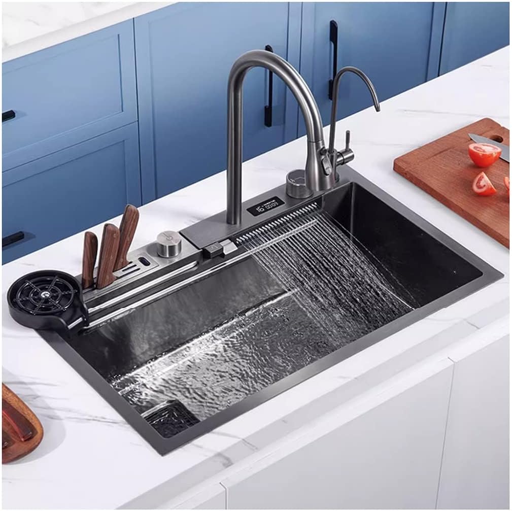Bar Prep Waterfall Sink Stainless Steel Single-Bowl Kitchen Workstation Sink Multi-Functional Farmhouse Sink Waterfall Pull-Down Faucet and Complete Accessory Set,Black-68x46x22cm