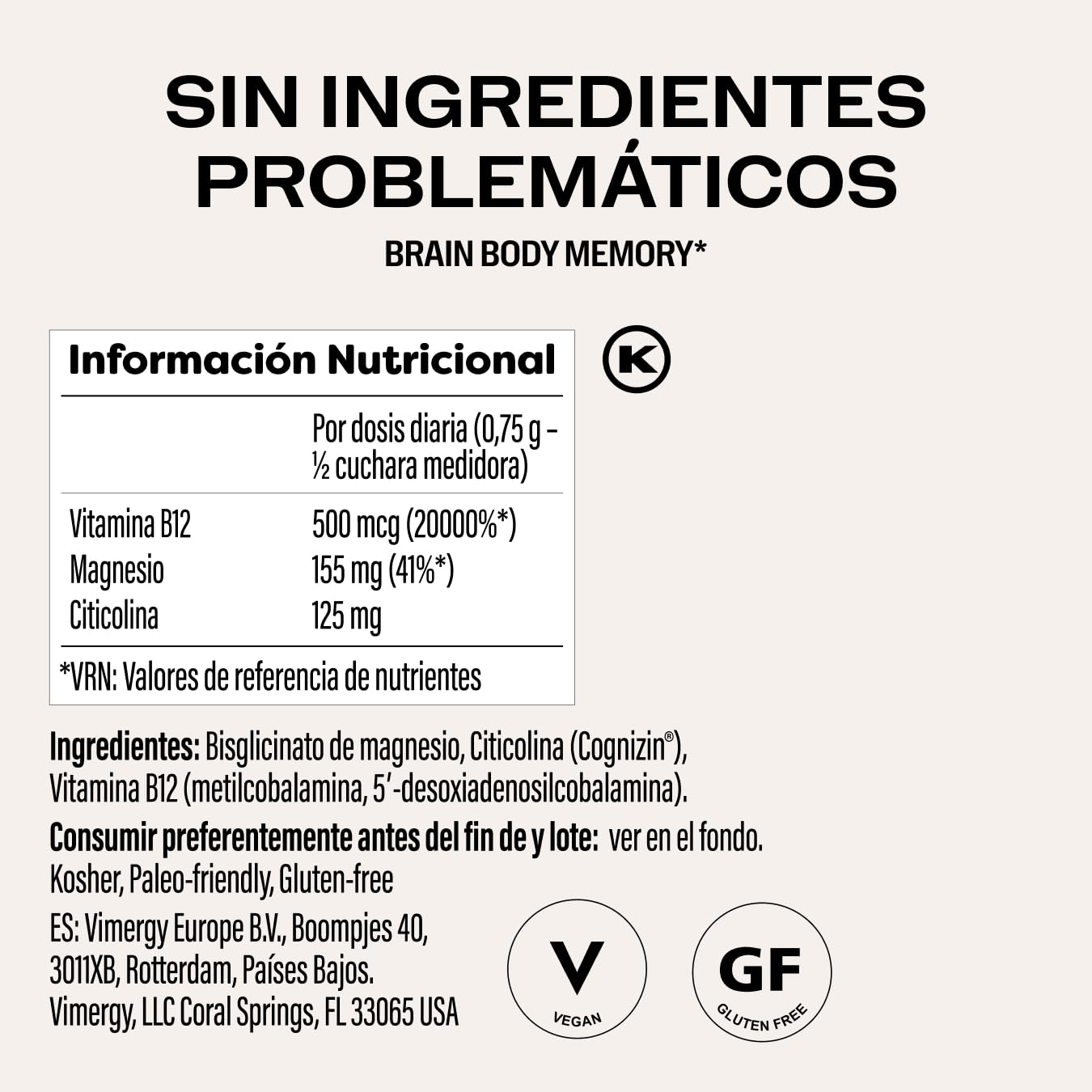 Vimergy Brain Body Memory* – 8 beneficios para el cerebro Con magnesio, citicolina y B12 – Fórmula pura de rápida absorción – Sin OGM y sin gluten
