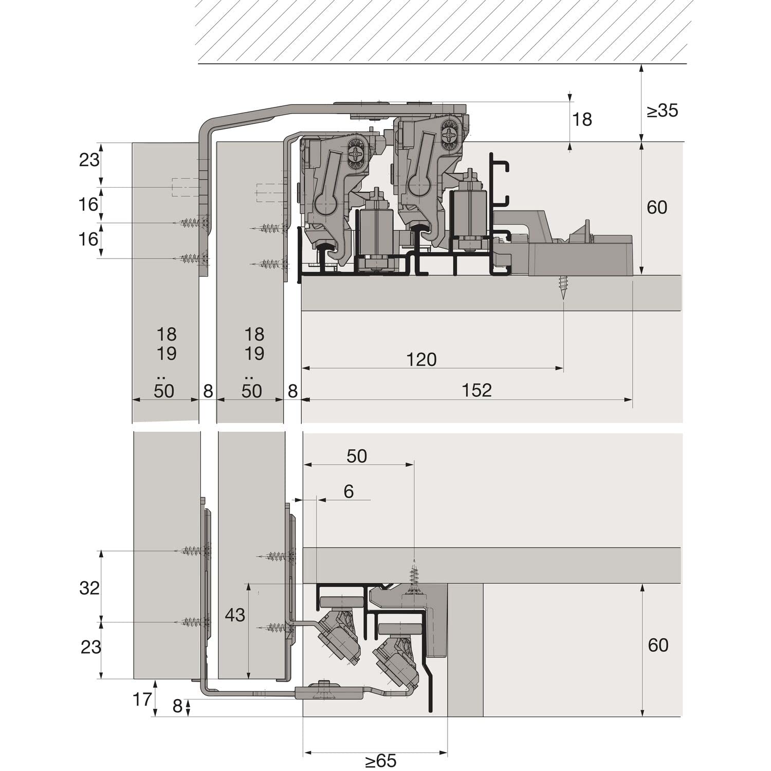 HETTICH 9275796 Top Line XL Ensemble de ferrure de porte coulissante en aluminium anodisé 2 portes Épaisseur du bois 18-30 mm