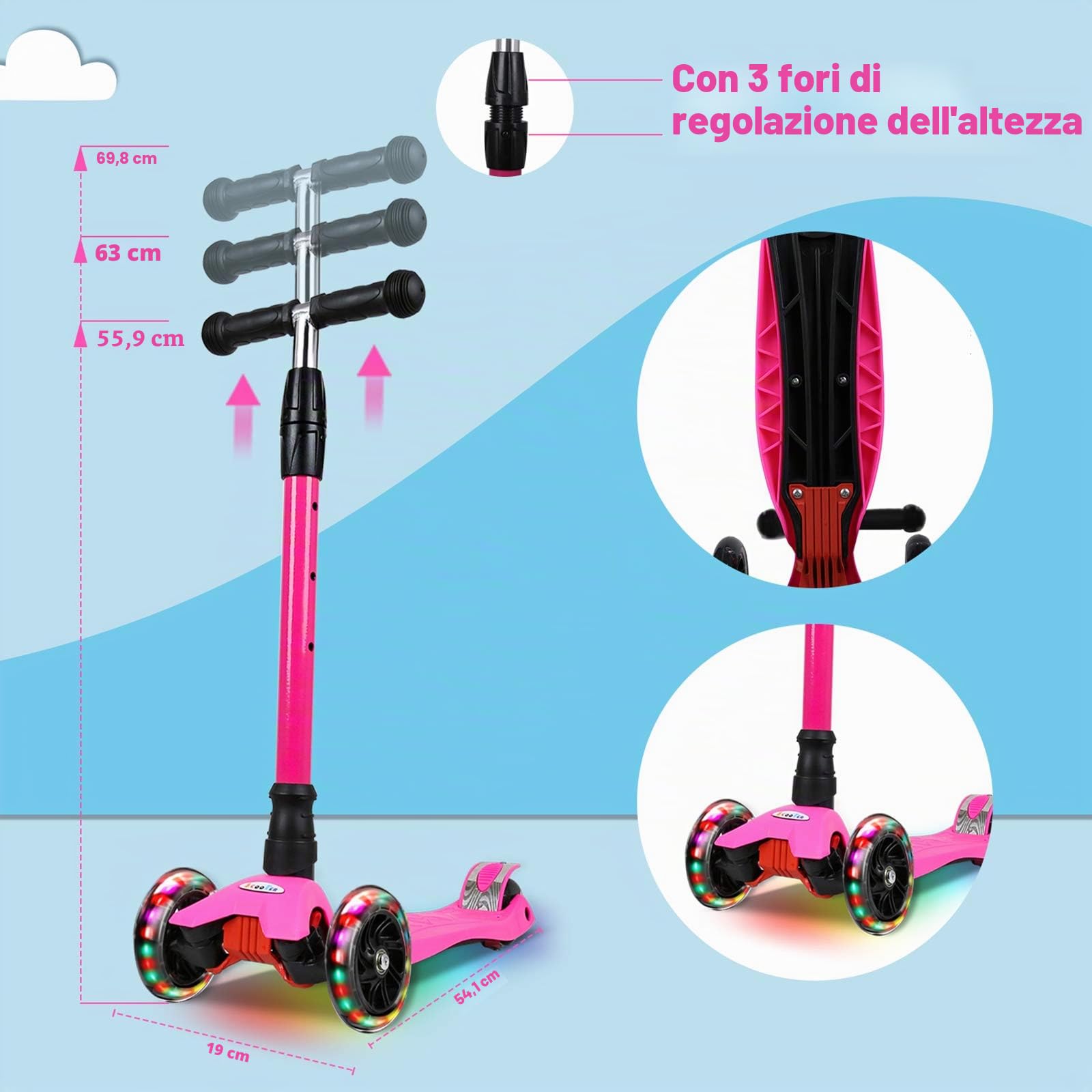 IMMEK Scooter per bambini, monopattino in poliuretano con luci a LED, scooter per bambini possono raggiungere tre altezze diverse