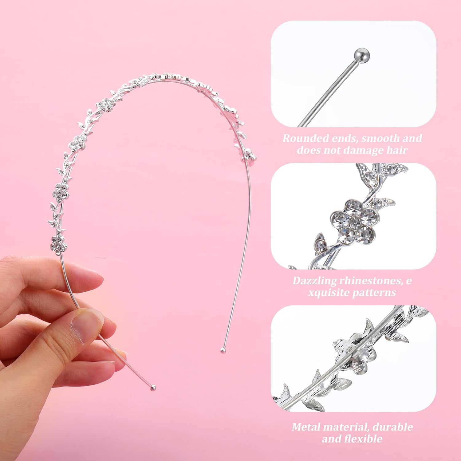 4 Pcs Silver Rhinestone Headband for Women Girls, Bridal Wedding Headband Metal Hair Band Tiara Prom Hair Accessories Crystal Flower Sparkly Diamond Crown - Image 3