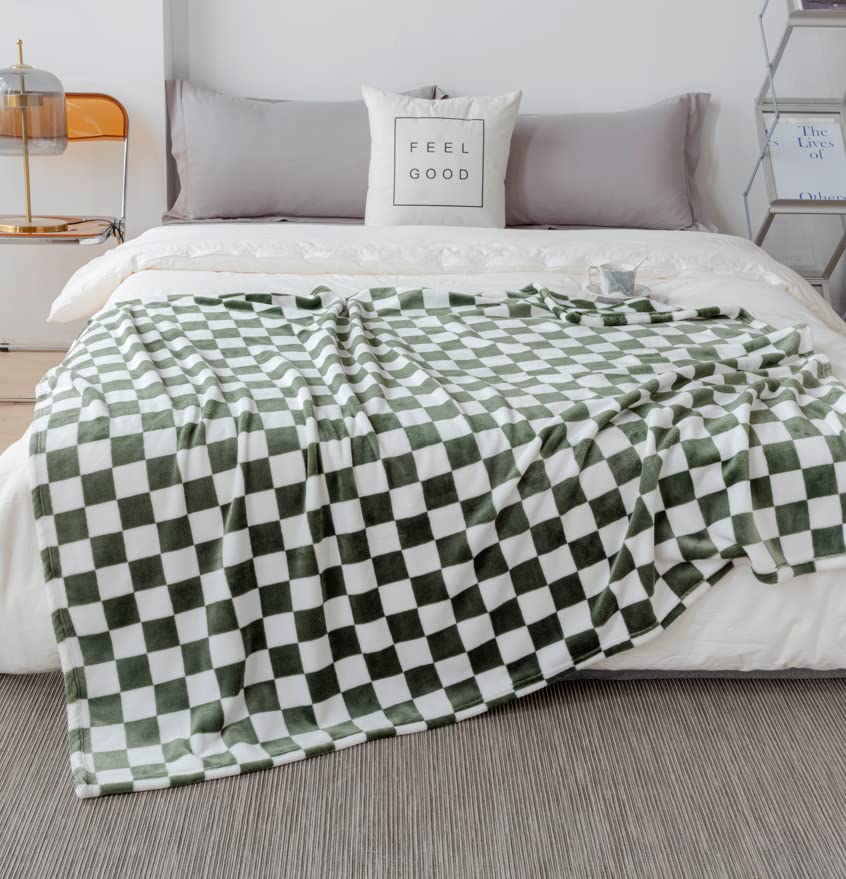 LIPOR Baby Pet Throw Blankets Flannel Blanket Checkerboard Grid Pattern Ultra Soft Fuzzy Checkered Throw Blankets Home Decorative Luxury Blanket for Bed Couch Sofa All Seasons (Olive Green, 28"x40")