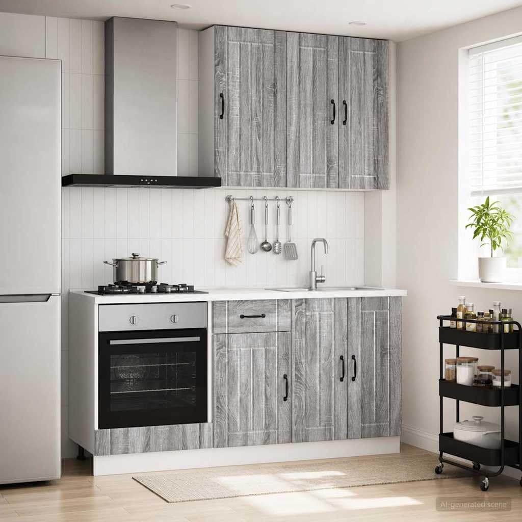 Cucina Lucca 5 pezzi blocco cucina grigio sonoma | Blocco da cucina flessibile per la tua cucina con piedini regolabili e set di armadietti da parete sicuri in legno.