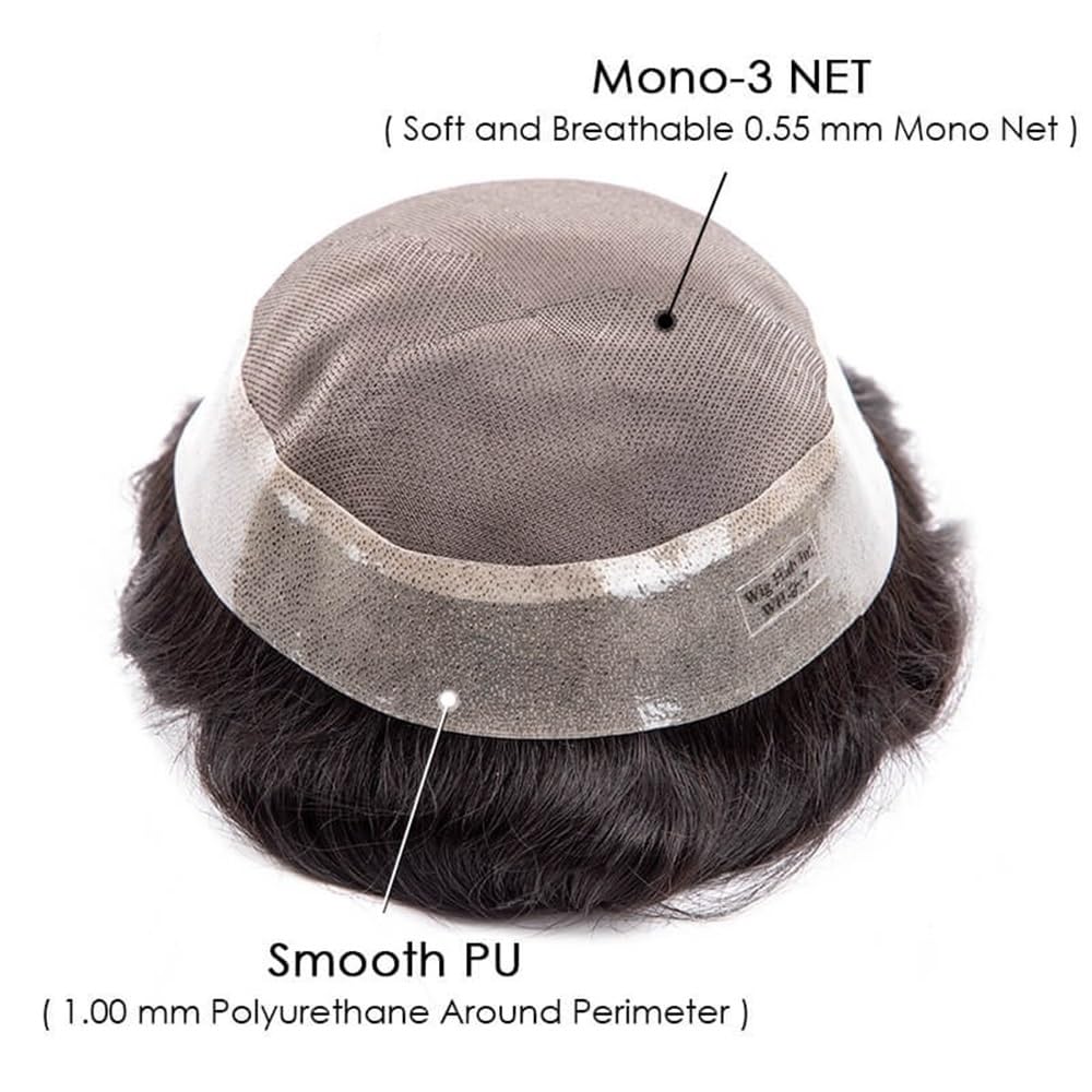 Men's Toupee Parrucca for uomo con base in pelle PU, sistema di sostituzione dei capelli umani da 6 pollici, traspirante, mono(#2,6x8)