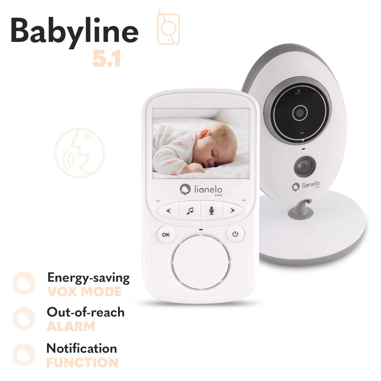 lionelo Babyline 5.1 Babyphone Caméra Bébé, Baby Phone avec Moniteur Vidéo, 2 Caméras, sans Fil Jusqu’à 300 m, Audio Bidirectionnel, Mode Nuit, Température, Autonomie 20 h