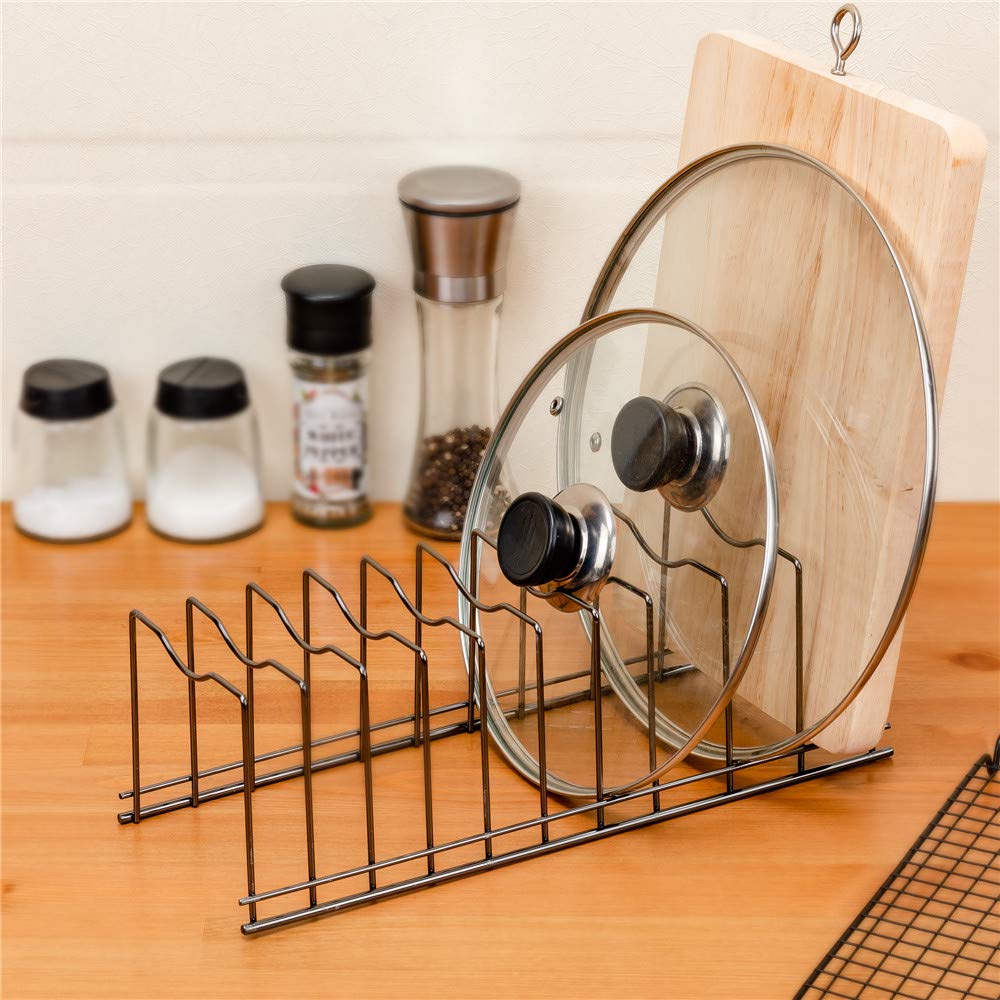 SANNO Organizador de cacerola y tapa de pote con soporte para platos, tablas de cortar, utensilios para hornear, refrigeración, ollas y sartenes, bandejas para servir, tapas de soporte, níquel