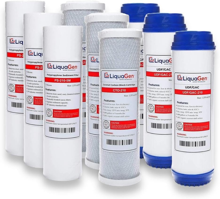 LiquaGen Bulk Pack of Reverse Osmosis 3 Carbon Block (CTO), 3 Sediment & 3 Granular Activated Carbon (GAC) Water Filters | Universal 5 Micron 10 inch Cartridges
