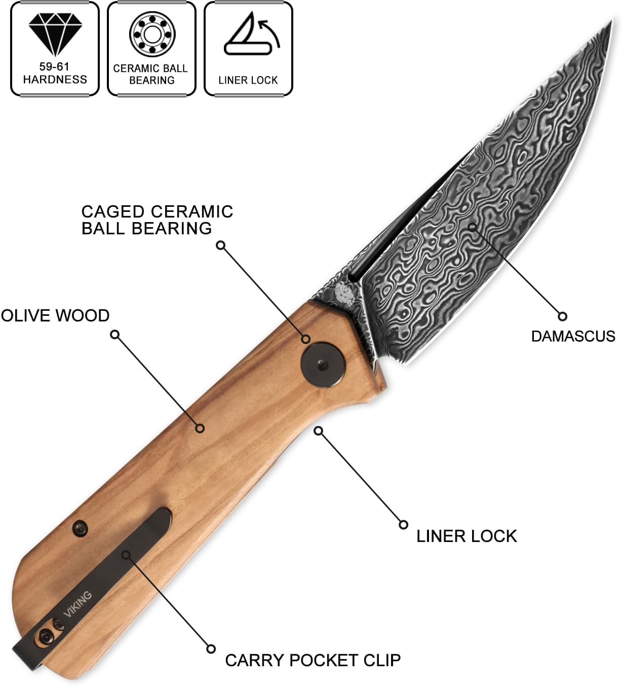 Petrified fish Pocket Knife PFP07 Viking, 3.62" Damascus Steel Blade, 3.95oz Olivewood Handle Front Flipper Liner lock Folding knife (Olivewood & Damascus Steel)
