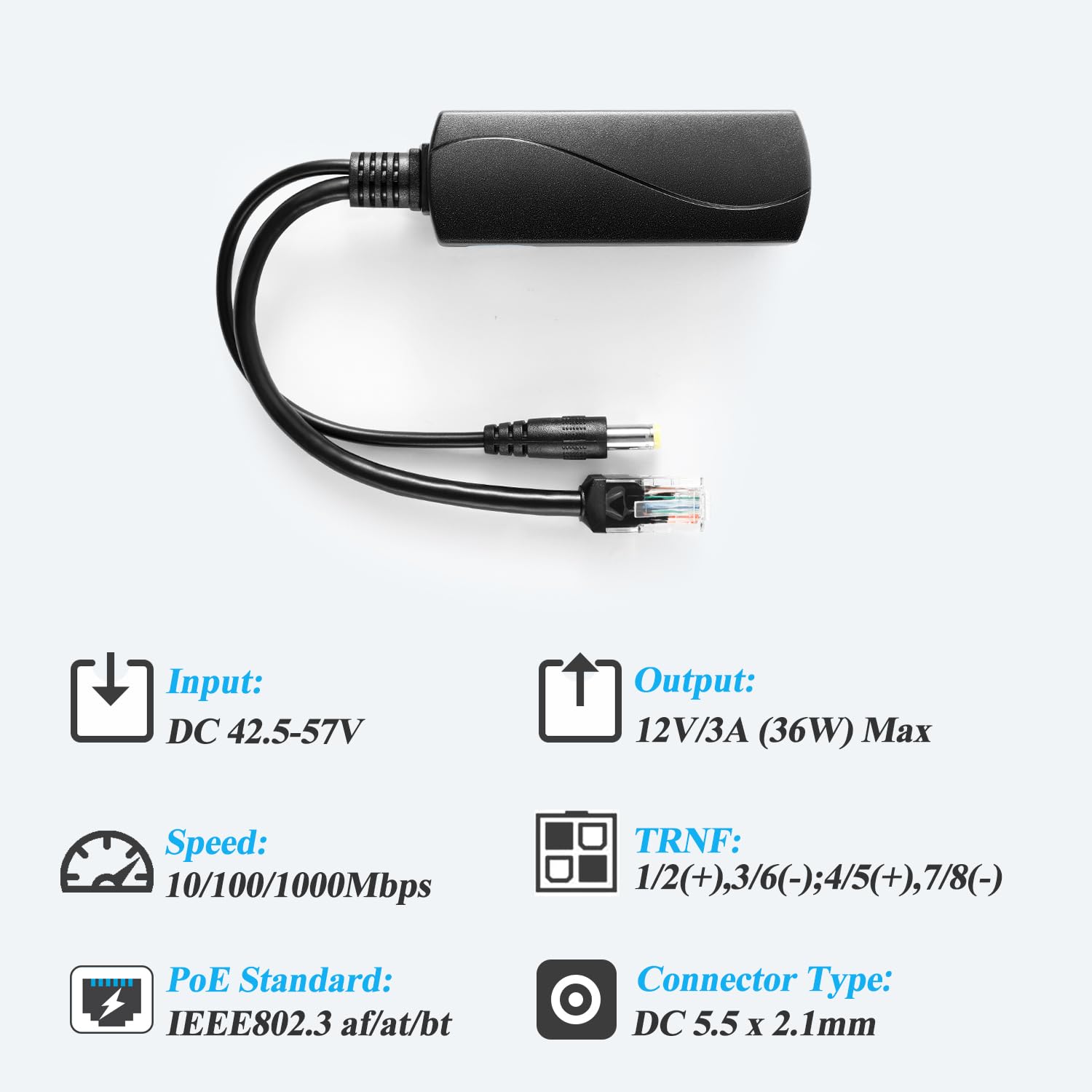 2.5G PoE Splitter 36W 12V/3A, Connettore DC 5.5 * 2.1mm, Conversione da PoE a Uscita DC 12V/3A, 2.5Gbps Ethernet conforme a IEEE802.3bt, plug and play (PS5712BG)