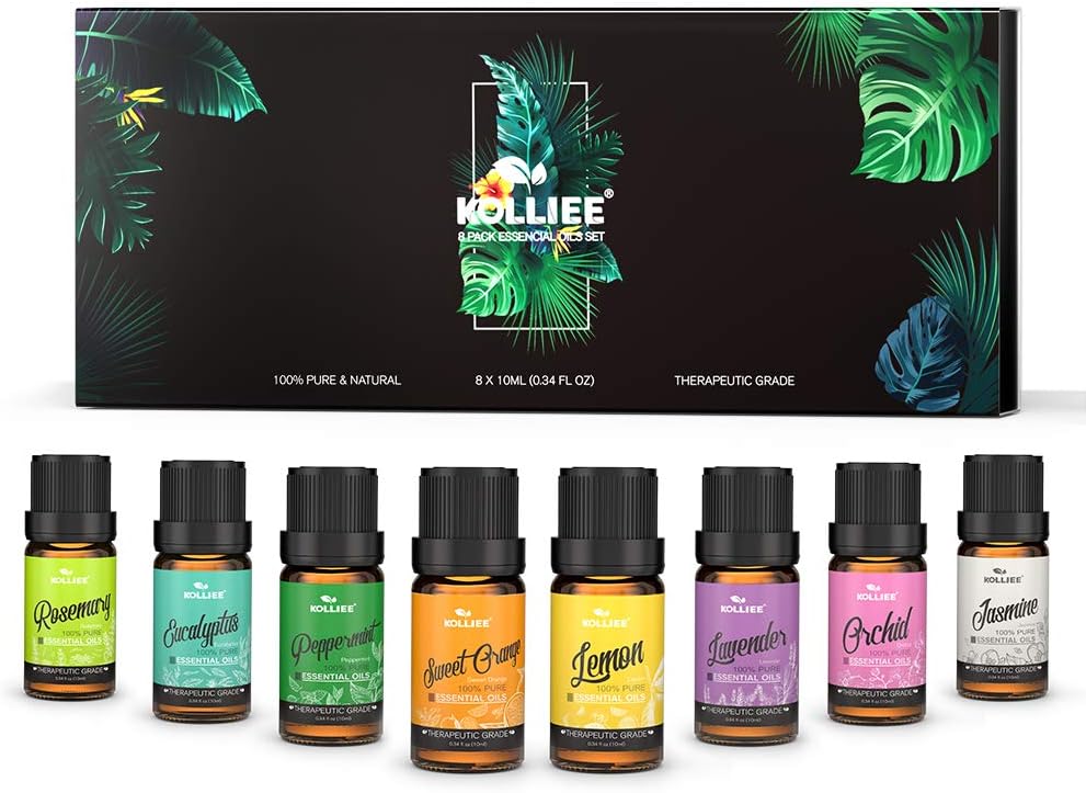 KOLLIEE Aromatherapy Essential Oils Gift Set 100% Pure Natural Scented Oils Kit for Diffusers Oils Sets 8x10ml Lavender Peppermint Lemon Sweet Orange Jasmine Orchid Rosemary Eucalyptus