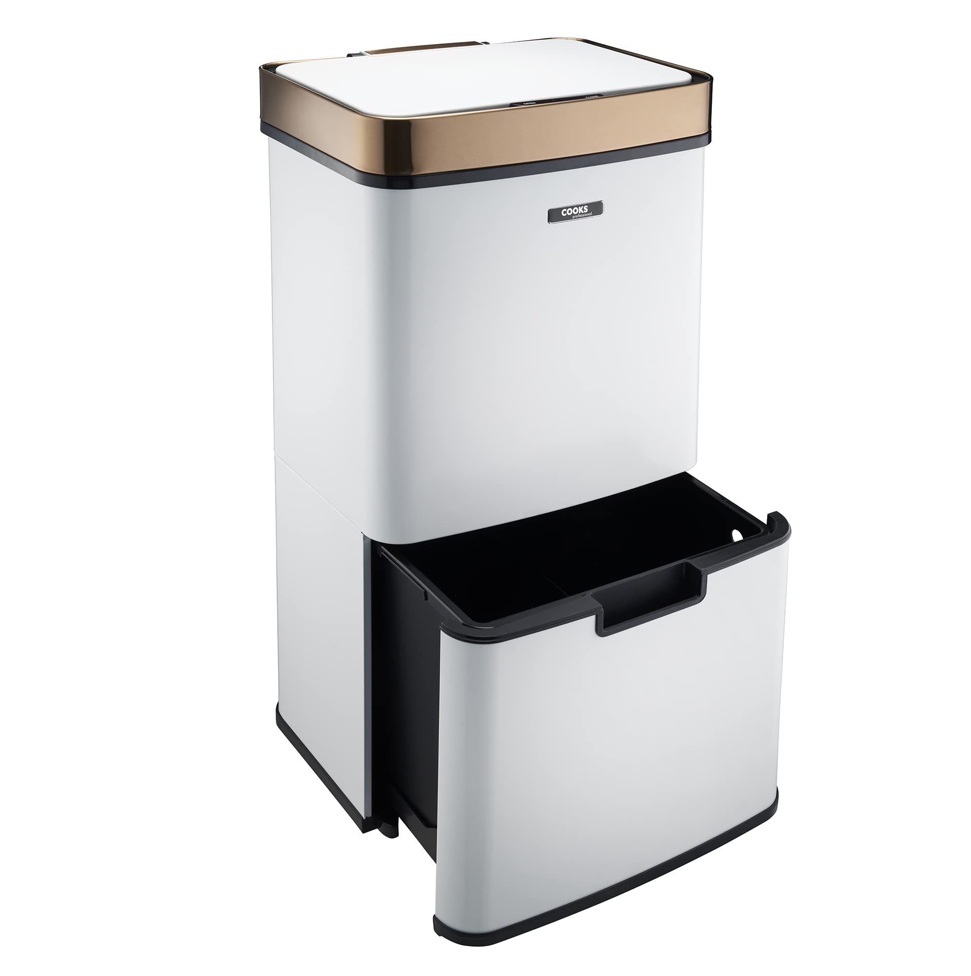 Cooks Professional Recycling Sensor Bin 75L with Dual Compartments and Removable Food Caddy for Kitchen | Smart Automatic Brushed Stainless Steel Bins | White & Copper — image 1