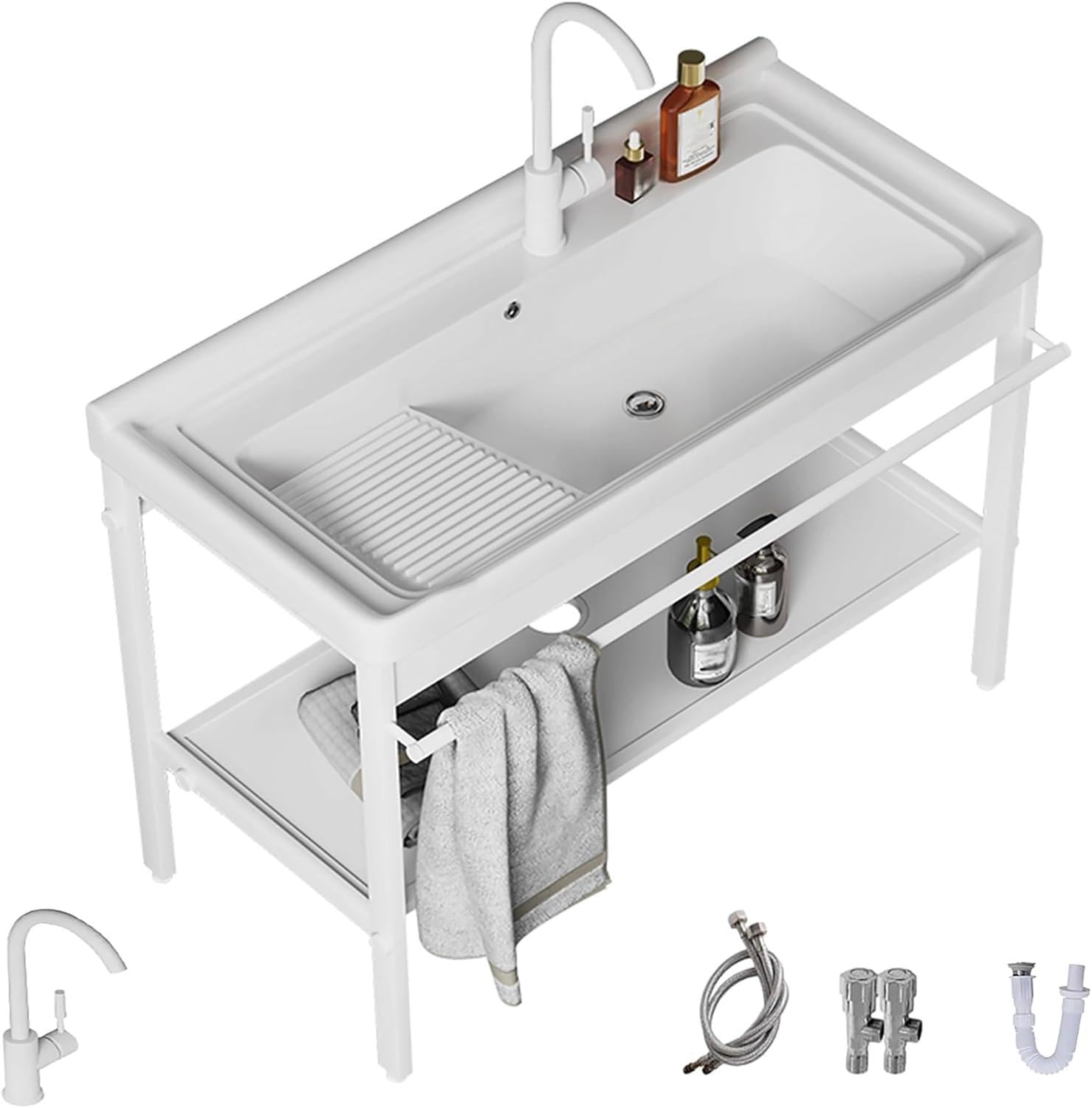 Fregadero de cerámica con tabla de lavado, fregadero de acero inoxidable para balcón, lavandería, garaje, sótano, interior/exterior.