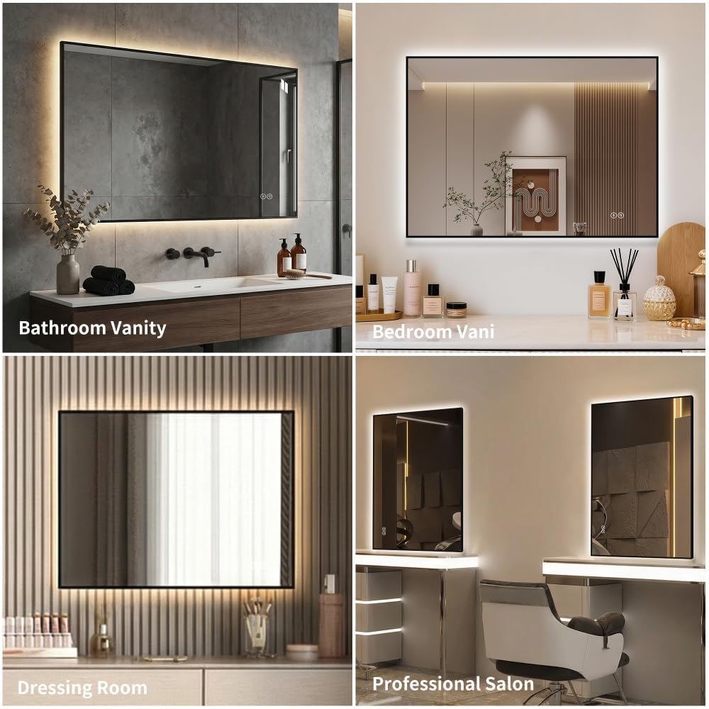Espejo de baño LED 50 x 70 cm con marco de aluminio, retroiluminado, antivaho, 3 colores de luz, intensidad regulable en continuo, memoria, cristal plateado sin cobre, 5 mm