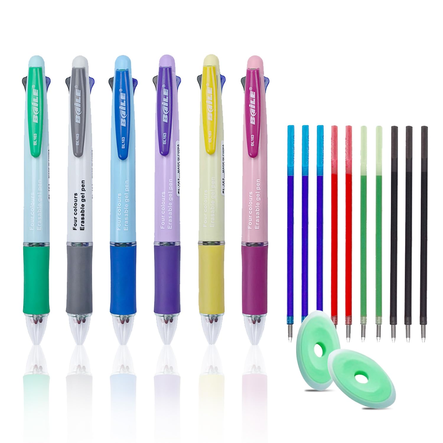 MROOFUL 6 Pcs 4 in 1 Multi-Coloured Ballpoint Pen Erasable Pens 0.5mm 4 Colours Retractable Ball Point Pen Multicolor Ink Pens with 10 Refills and 2 Eraser for Student Stationery Office Supplies