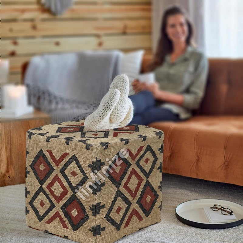 Pouf en jute et laine tissé main Kelim carré style luxe