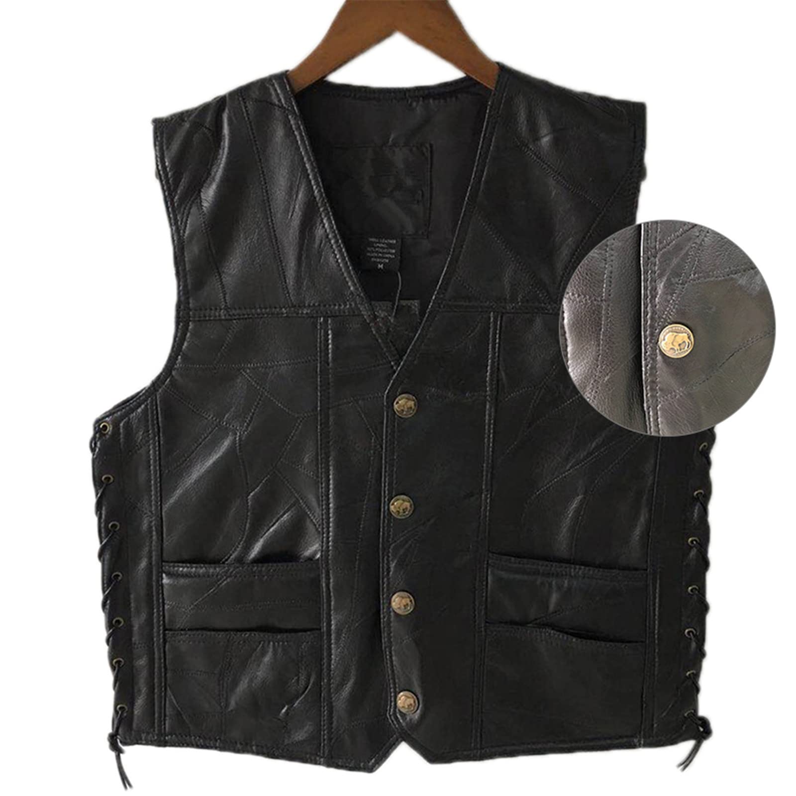 Mens Lacci Laterali Regolabile In Pelle Nera Moto Gilet Biker Gilet Morbida Pelle Di pecora