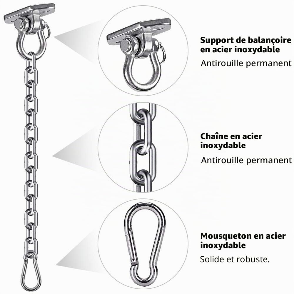 Crochet Plafond avec Chaîne, Acier Inoxydable 304 Chaise Hamac Kit de Suspension pour Balançoire, Chaise Suspendue, Yoga, Fixations Murales et Crochets de Sac de Boxe, Charge Max 450kg