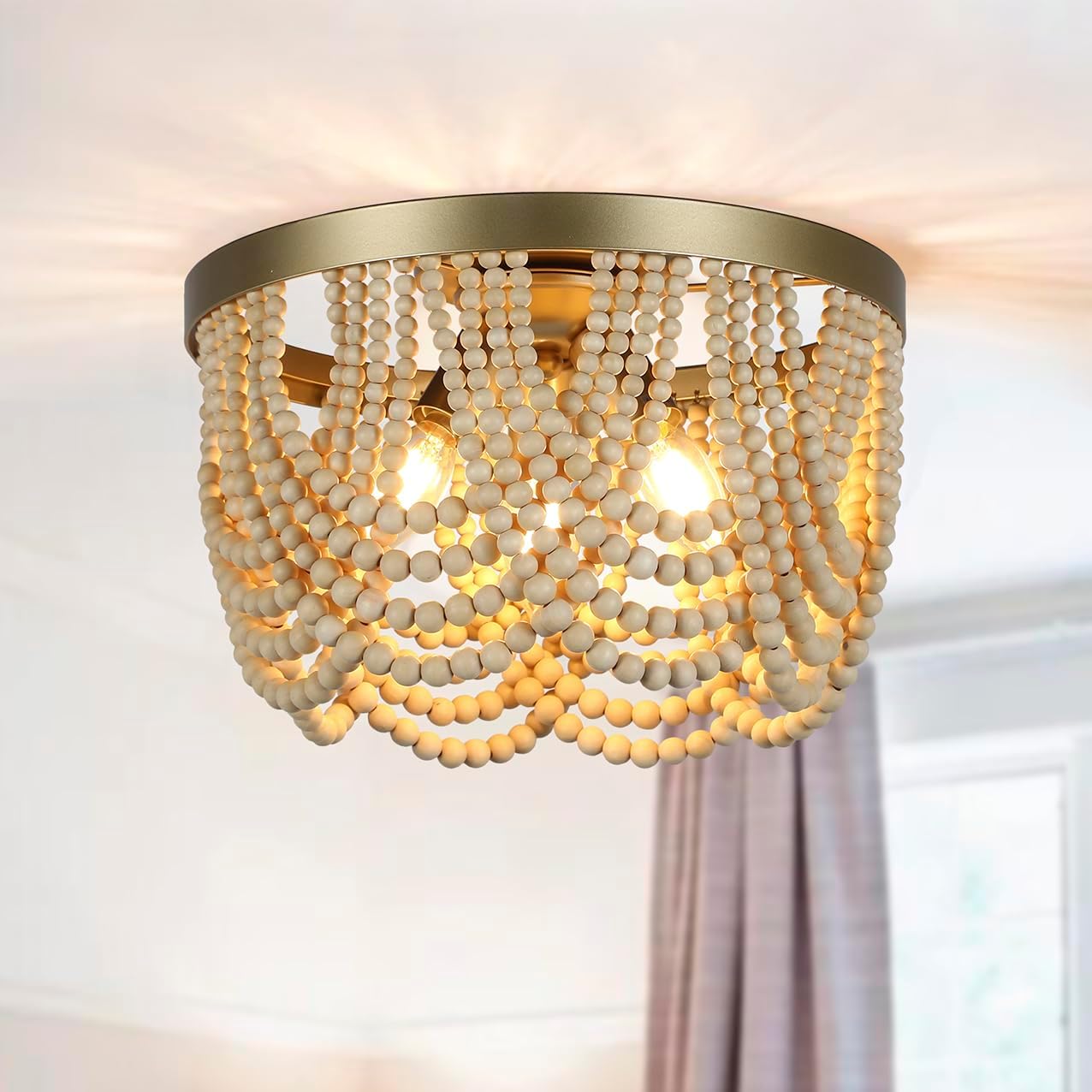 Bohemia Wood Beaded Chandelier, 3-Light Boho Light Fixture, 12.6inch Boho Chandelier Flush Mount Ceiling Light Fixtures for Dining Room, Bedroom, Living Room, Nursery, Girl Room, Hallway and Entryway