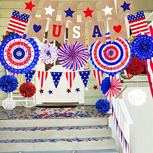 Image of 4th of July Patriotic Decorations Set- Fourth of July American Flag Party Supplies, Red White Blue Paper Fans, Star Streamer, Hanging Swirls, Flower Balls, USA Banner Flag Pennant Bunting Party Favors