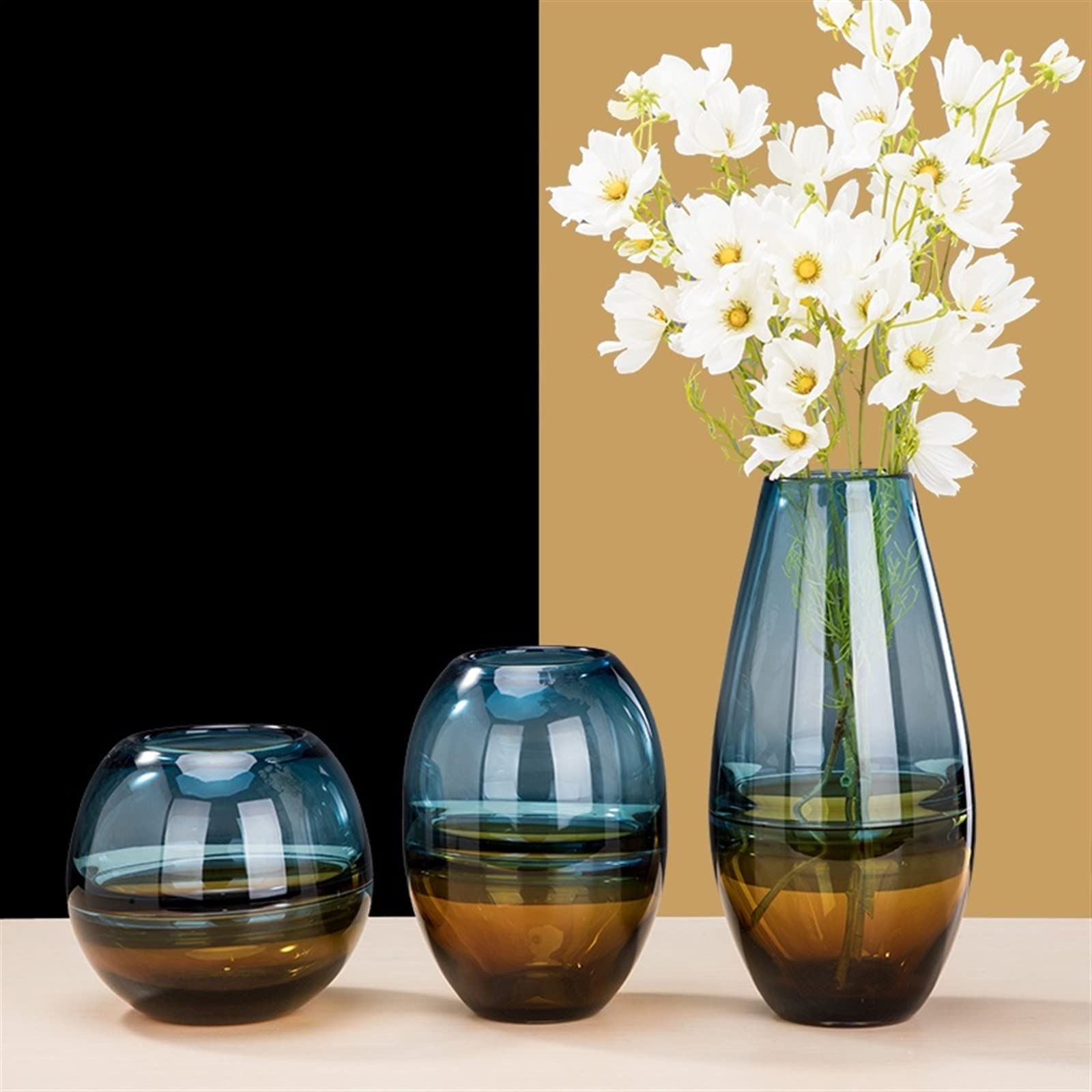 Jarrón Diseñador Creativo Jarrón de Vidrio nórdico Luz Decoración Lujo Arreglo Flores secas Estilo Europeo Sala Estar Moderno Simple Azul Ámbar Jarrón para Mesa(Grande)
