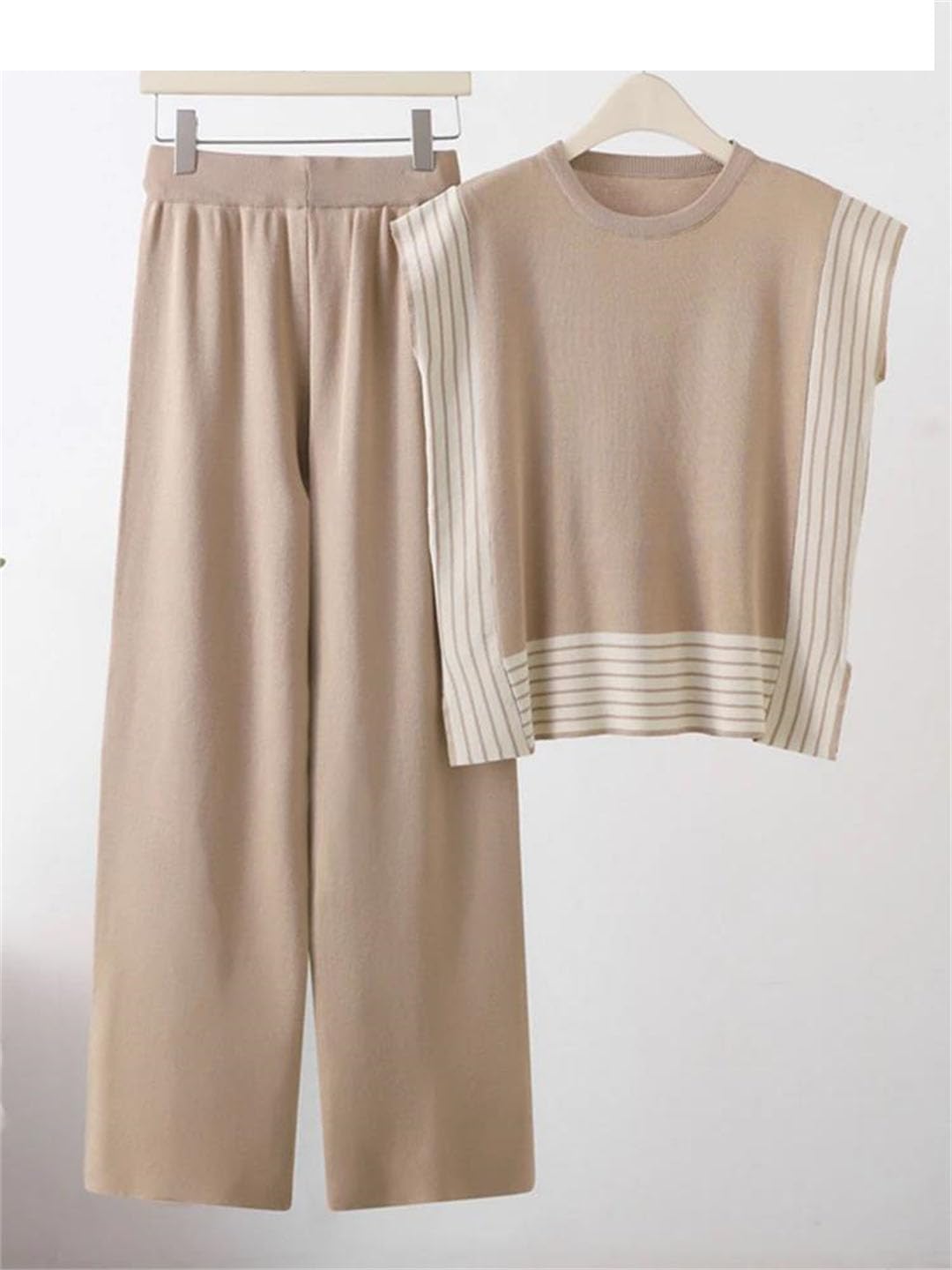Ensemble deux pièces en tricot patchwork rayé pour femme - T-shirt sans manches - Jambe large - Pantalon longueur cheville
