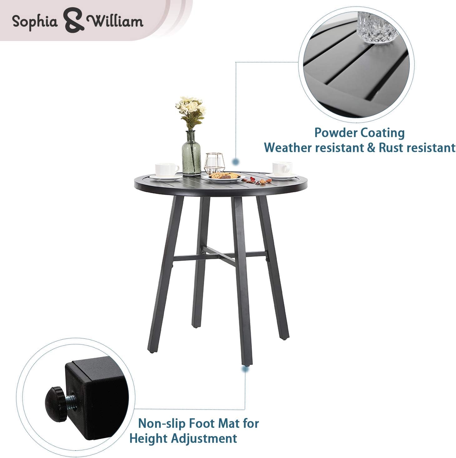 Sophia & William 28" Patio Outdoor Bistro Table, Round Black Metal Side End Table, Small Portable Coffee Dining Table,Outdoor Furniture Table for Garden, Porch, Balcony, Yard