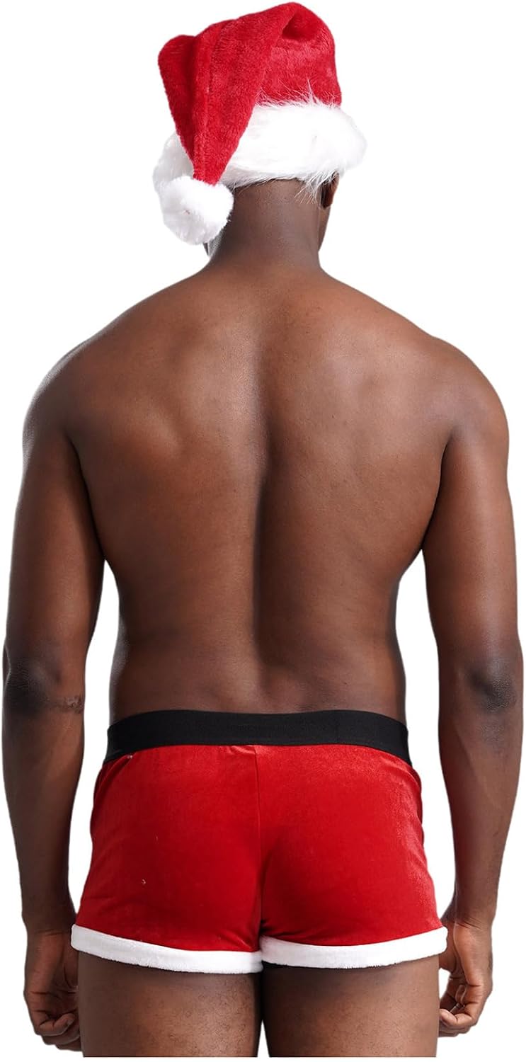 Lejafay Men's Velvet Red Santa Christmas Briefs Boxer Shorts with Santa Claus Hat 2-Piece Underwear